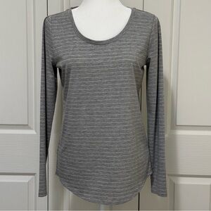LOFT Gray Silver Metallic Stripe Long Sleeve Scoop Neck Cotton Tee Small